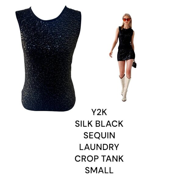 Y2K VTG. LAUNDRY SILK BLACK SEQUIN CROP TANK TOP SMALL - Picture 1 of 5
